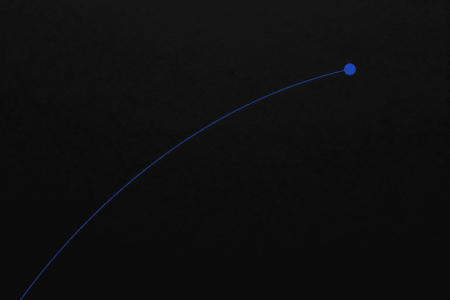 A thin blue arc rising to a single blue point on dark paper