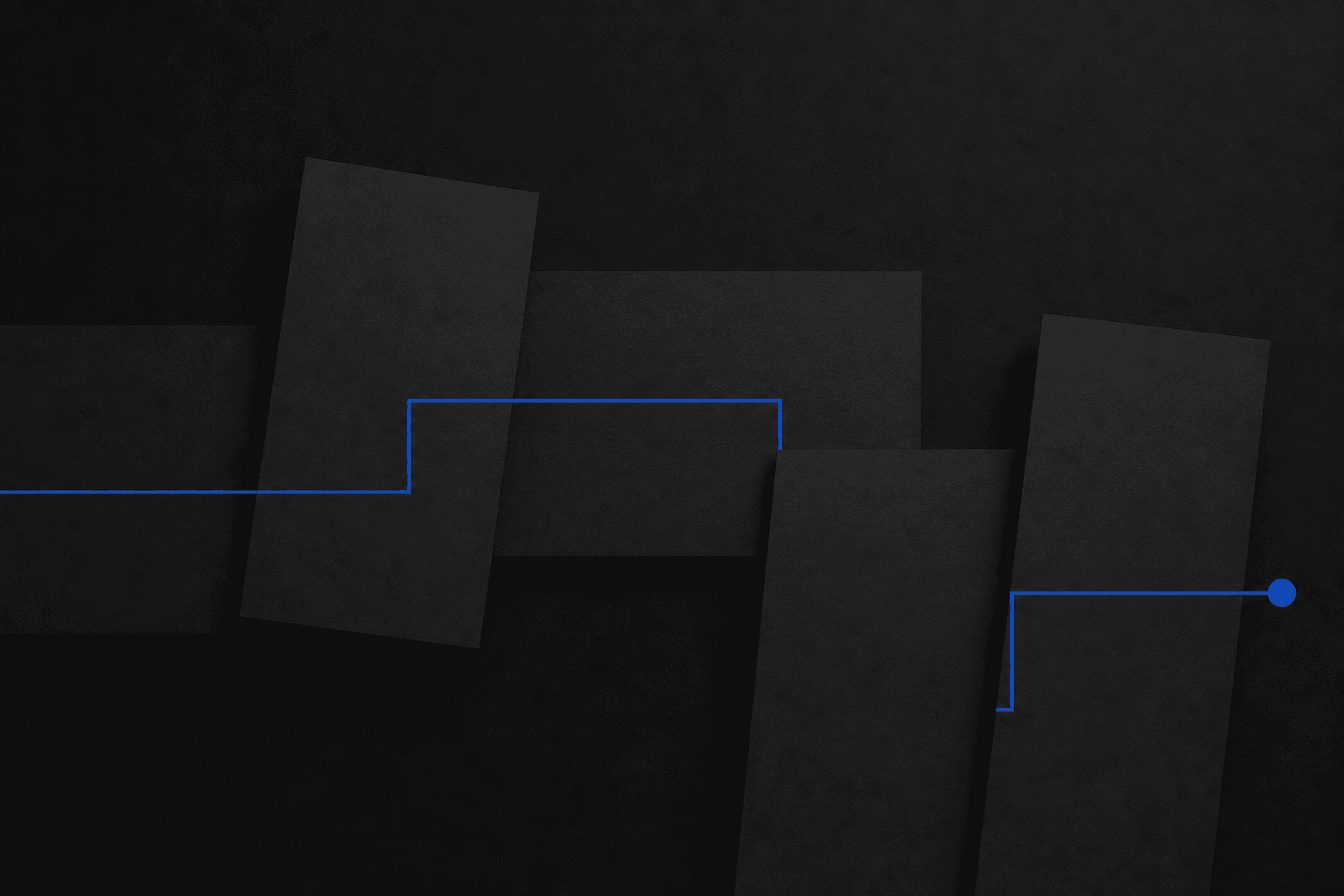 Dark layered planes with a blue line stepping stage by stage to a final point