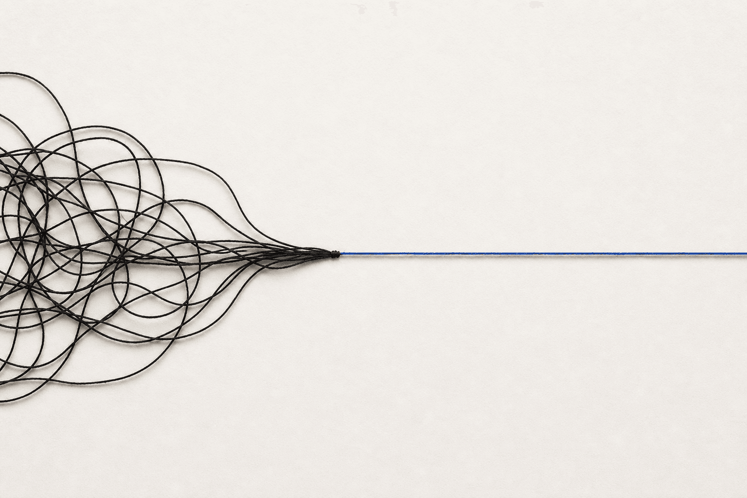 Tangled dark threads resolving into one straight blue line